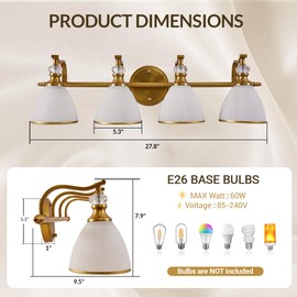 ANDY STAR Brushed Gold Vanity Light, 4-Light Bathroom Light Fixtures, Vintage Wall Lamp with Bell Shaped Frosted Lampshade, 27.8 Inch Bathroom Lighting Fixtures Over Mirror, (Bulbs Not Included)