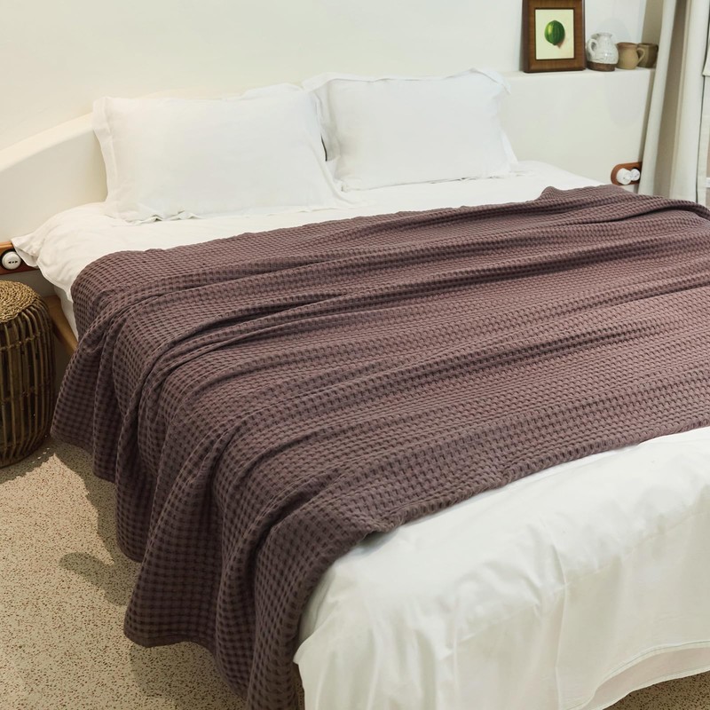 MIGIOL 100% Cotton Waffle Weave Sofa Blanket, Lunch Break, Queen