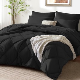 SunStyle Home Black Full Comforter Sets, 7-Pieces Bed in a Bag with Comforter and Sheets, All Season Bedding Sets with Comforter, Flat Sheet, Fitted Sheet Pillow Shams and Pillowcases (Black)