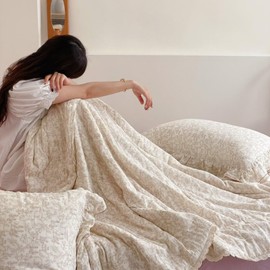 BuLuTu Muslin Cotton Full/Queen Bed Quilts for Kids Teens Vintage Boho Comforter with Lace Edges Soft Thin Comforter Rabbit Floral Quilted Blankets, 79"x90", No Pillowcases