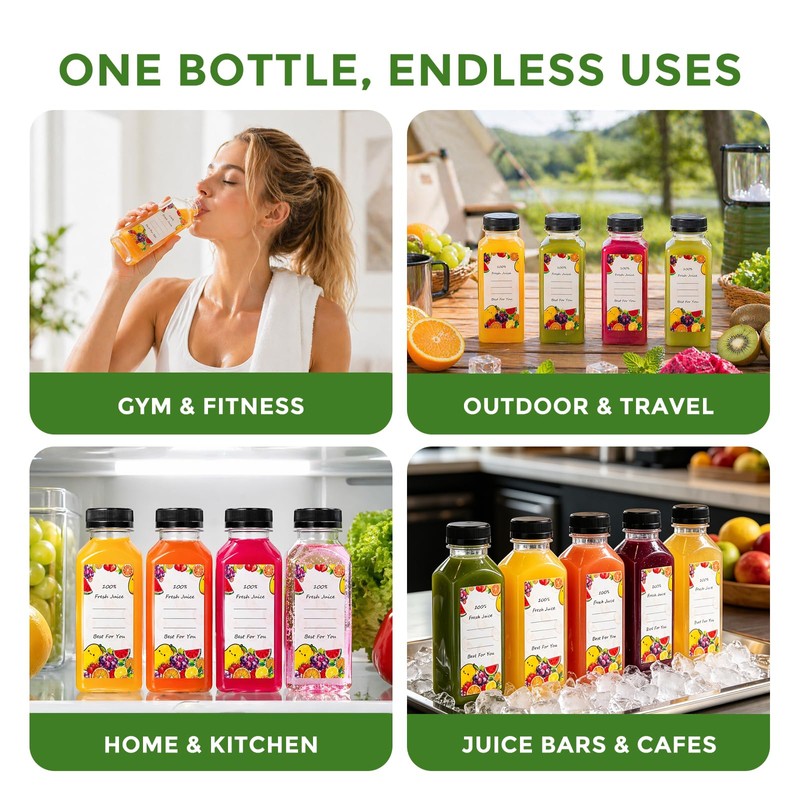 12oz Plastic Juice Bottles with Caps (24 Pack) – Reusable