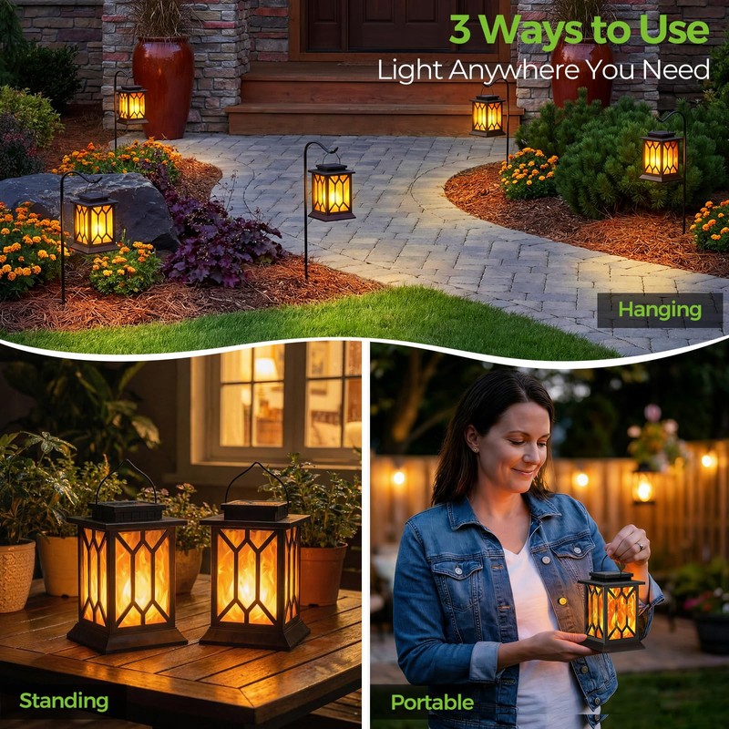 BOBKID 2 Pack Solar Lanterns Outdoor Waterproof, Flickering Flame Outdoor