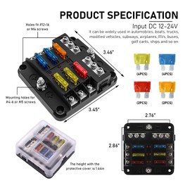 KVAEY 12 Volt Fuse Box, Waterproof Boat Marine Fuse Block Panel with LED Warning Indicator Damp-Proof Cover, 6 Way Fuse Box Compatible with DC 12V-24V Car Trailer Truck Golf Cart