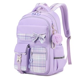 Tanou School Backpack Girls Children's Backpack Waterproof Backpack Teenager Daypack Kawaii Checked School Bag for Girls 9-16 Years with Trolley Strap, purple