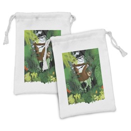 Ambesonne Sloth Fabric Pouch Set of 2, Vibrant Exotic Rainforest Various Plants and Animal Hanging on a Tree Wildlife, Small Drawstring Bag for Toiletries Masks and Favors, 9" x 6", Green Brown