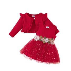 Newborn Baby Girl Christmas Tutu Dress Red Sequin Dresses Sleeveless Flower Dress with Long Sleeve Cardigan Set Birthday Party Princess Wedding Dresses for Baby Girl 3-6 Months Clothes