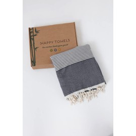 Happy Towels Hammam Towel, Bath Towel, Sauna Towel, Extra Long & Soft Woven, 210 cm x 95 cm, 60% Tencel™ Lyocell and 40% Cotton, Fairtrade (Black and White, 1)
