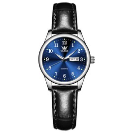 OLEVS Watch Women Black Leather Blue Watches for Women Fashion Luxury Ladies Watches Analog Quartz Elegant Small Women's Wrist Watch Waterproof Luminous Womens Watches