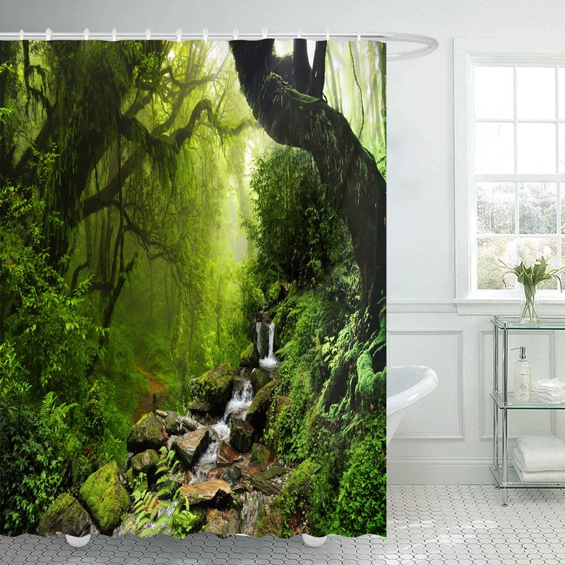 Ulticool Shower Curtain - Rainforest Nature Eco Plants Waterfall -