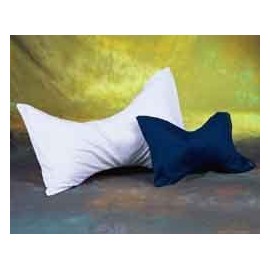 Pillow- Blue Small Bow Tie neck Pillow or leg separator made in USA with Cover Fiber filled angular shaped 15" long pillow. Covered in a white, cotton blend fabric. Has a removable pillow case.