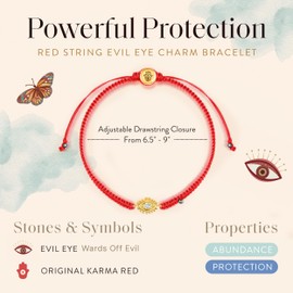 KARMA AND LUCK Red String Evil Eye Protection Bracelet for Women, Red Thread Adjustable Good Luck Bracelet with 18K Charm & Hematite Stone, Size 5.5"-7.5”