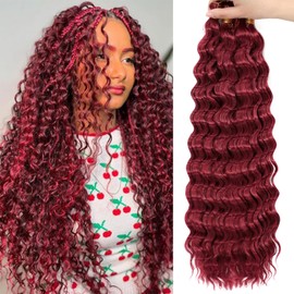 Eerya Long Curly Braiding Hair 18 Inch 4 Packs Burgundy Deep Ocean Wave Crochet Hair for Black Women Deep Wave Braiding Hair for Boho Braids（18 inch, BUG）