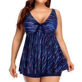 Yonique Trajes de baño tankini de dos piezas de talla grande para mujer, trajes de baño con pantalones cortos con control de abdomen, Raya azul, 14 Plus
