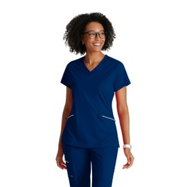 BARCO One Performance Knit Victory Top for Women - V-Neck with Overlap, Angled Zipper Waist Pockets Women's Scrub Top Indigo 4X-Large