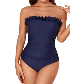 Smismivo - Traje de baño con control de abdomen para mujer, sin tirantes, traje de baño de una pieza, estilo bandeau adelgazante, clásico, fruncido, con volantes, Azul marino, M