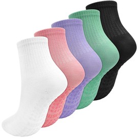BOARDFEB Yoga Socks Women's Stopper Socks 36-42, 5 Pairs Non-Slip Socks Women's Non-Slip Socks Pilates Socks Gifts for Women Girls Adults (Colourful), Black, white, green, pink and purple, One size