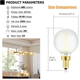 Leools Dimmable G16.5 LED Frosted Bulbs,4W Equal 40 Watt Light Bulb,400lm,Soft White 3000K,Frosted Glass,E12 Globe Light Bulb for Pendant,Vintage LED Filament Candle Bulb with Decorative,6Pcs