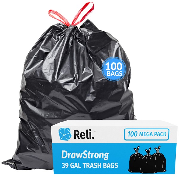 Reli. 39 Gallon Trash Bags Drawstring (100 Count) Large 39 Gallon Heavy Duty Drawstring Trash Bags - Black Garbage Bags 39 Gallon Capacity, Lawn Leaf (39 Gal)