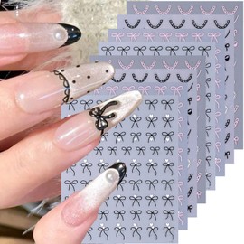 Bow Heart Nail Stickers for Nails Art 3D Self-Adhesive Pink Black Bows Heart Love Nail Decals Summer Nail Sticker DIY Manicure Decoration Charms for Women and Girls 8 Sheets