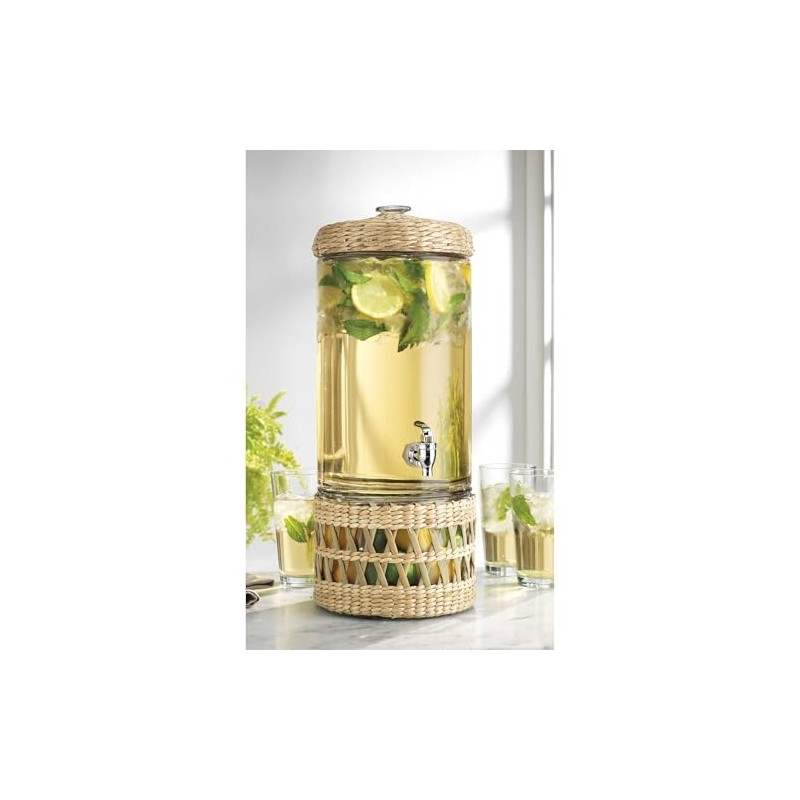 Merveille Glass Beverage Dispenser with Rattan Wrap, 2 Gallon Capacity,