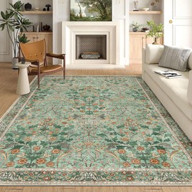 MUJOO Green Washable Rugs 8x10,Floral Area Rug for Living Room Dining Room Bedroom,Large Throw Carpet,Boho Non Slip Indoor Floor Big Soft Botanical Vintage Ultra-Thin