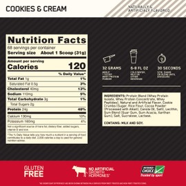 Optimum Nutrition Gold Standard 100% Whey Protein Powder, Cookies and Cream, 4.65 Pound (Packaging May Vary)