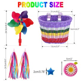 QOOWFEANIG Kids Bike Basket, Woven Bicycle Basket with Stickers Colored Tassels Wicker Front Handlebar Bike Basket Handlebar with Streamers Bell and Stickers,Bicycle Decoration 8.3'' x6.3'' x6.3''