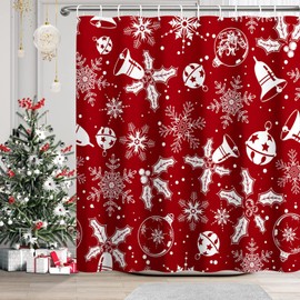 DASHAN Red Christmas Shower Curtain Xmas Snowflake Bells Balls Shower Curtains for Bathroom Winter Holiday Bathroom Curtain New Year Waterproof Fabric Bath Curtain 72"x72"