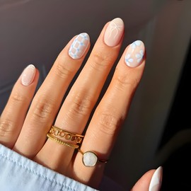 Almond Press on Nails Short White Bow Fake Nails Glossy Stick on Nail Flower Nails Press Ons Full Cover False Nails Summer Glue on Nail for Women and Girls 24Pcs