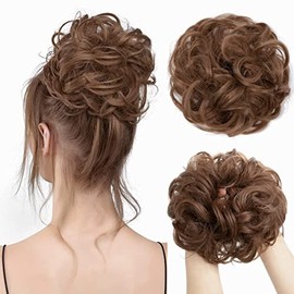 2 PCS Messy Bun Hair Piece Curly Scrunchies Ponytail Extension Large Thick Updo Hairpieces with Elastic for Women Girls Kids (Light Brown)