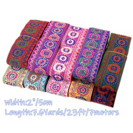 Cinta de jacquard con círculos florales, geométricos, emobridadas, tejida, flecos, para manualidades, ropa, accesorios, decoración, 5 cm de ancho por 7 yardas (rojo)