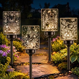 ODEETRONIC Solar Garden Lights, 4 Pack Solar Pathway Lights with Butterfly Frog Hummingbird Owl Pattern, Outdoor Landscape Lighting, Waterproof Acrylic Garden Stake Light for Yard Walkway, Warm White