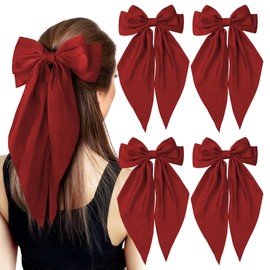 4Pcs Large Hair Bows for Women Wine Red Silky Satin Bow for Hair Long Tail Hair Ribbon Bow Ponytail Holder Hair Clips & Barrettes Vintage Hair Accessories Gift