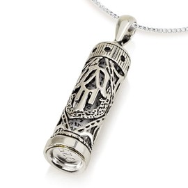 925 Sterling Silver Mezuzah Necklace, Scroll Pendant, Jewish Shema Necklace, Jewish Jewelry for Women, Chain Hebrew Letters, Messianic, Blessings Israel Gifts Souvenirs Spiritual Kabbalah Art Holy Land Mens Jewelry (Hamsa)