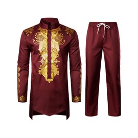 ZEROYAA Men's Africa Suit Long Sleeve Button Down Print Dashiki and Pants Outfit Arab India 2 Piece Set Burgundy Medium