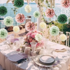 Colourful Tissue Paper Pompoms, Pack of 16 Party Decoration Pompoms Set, Sage Green, Pink, Olive Green, Beige Hanging Paper Pompoms for Wedding Decoration, Table Decoration, Birthday Decoration