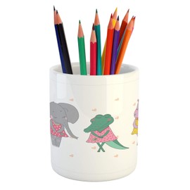 Ambesonne Hippo Pencil Pen Holder, Hippo Elephant and Crocodile Girls with Closed Eyes Standing in Polka Dot Dresses, Printed Ceramic Pencil Pen Holder for Desk Office Accessory, Multicolor