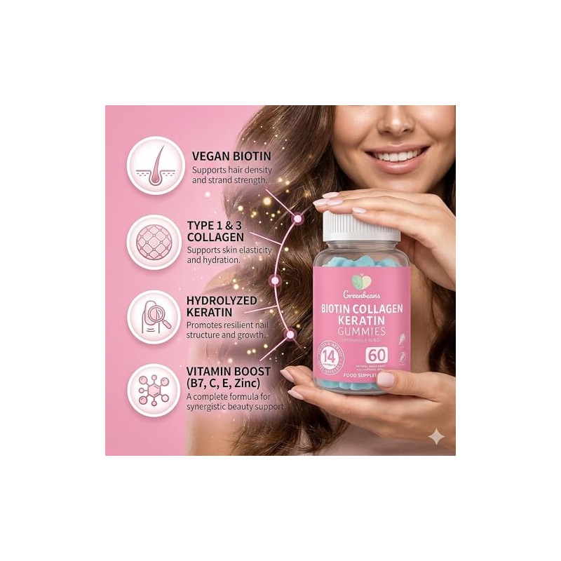 Green Bears Biotin Collagen Keratin Gummies – 14-in-1 Hair, Skin