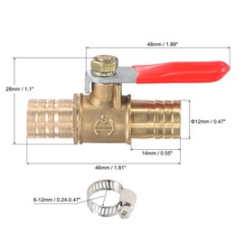 sourcing map Brass Air Ball Valve Shut Off Switch 12mm Hose Barb to 12mm Hose Barb with Clamps Red Handle 2Pcs