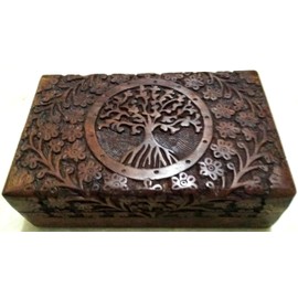 Purpledip Wooden Jewellery Box 'Tree of Life': Handcarved Intricate Design (12235)