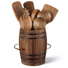 Honeydak Wooden Utensil Holder for Kitchen Counter, 360° Rotating Wine Barrel Design Large Cooking Spoon Crock Organizer, Rustic Vintage Burnt Wood Tool Holder for Farmhouse Kitchen, Gifts Decor