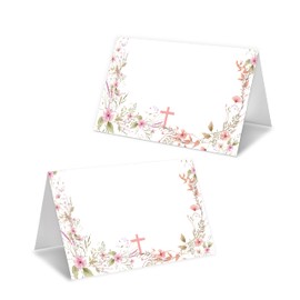 pseuaudo Baptism Place Cards, Watercolor Wildflowers Name Card For Table Setting, Table Tent Cards For Christening Ceremony, First Holy Communion Name Cards, Set Of 25, Notched For Easy Folding-02