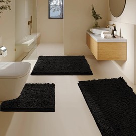BOANKODU Bathroom Rugs Sets 3 Piece, Super Soft Absorbent Bath mat Set,with U-Shaped Toilet Rug,Strong PVC Underside Bathroom Rug,Antiskid Bath mats Washable Toilet mat, Black
