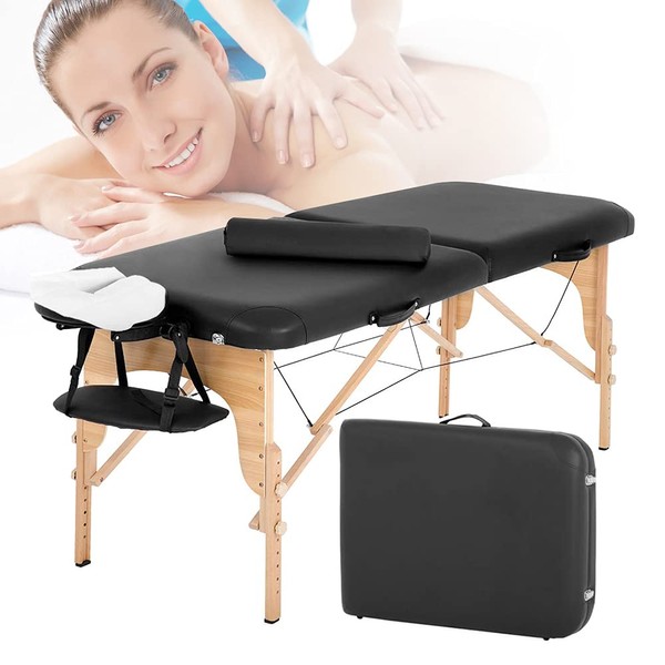 Dkeli Massage Table Bed Spa Portable Foldable 73 Inch Height Adjustable Salon with Solid Wooden Legs, Half Bolsters Sheets, Carry Case Tattoo Facial Hold Up to 450LBS, Black