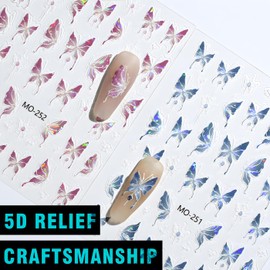 Butterfly Nail Stickers for Nail Art Color Butterfly Nail Decals 3 Sheets Fall 5d Embossed Pegatinas Uñas Self-Adhesive for Nail Art Charms Design Manicure Accessories Decorations