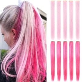 FYHTSD 10PCS 21''Light Pink&Pink Hair Accessories Clip In/On Multicoloured Party Highlights Straight Coloured Extensions for Girls and Teens Costumes Wig Pieces for Women Colourful Hairpieces