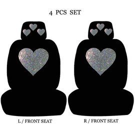 ALLBrand Universal Fit Car SUV Truck Heart Shiny Bling Sequins Studded Black Low Back Front Carpet Bucket Seat Cover with Headrest Covers - 4 Pcs Set (White Heart-Black), KAE-LOW BACK-BLACK