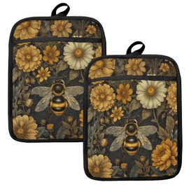 HUGANE Bumble Bee Floral Pot Holders for Kitchen, Bee Gifts for Women, Yellow and White Chrysanthemum Bumblebee Heat Resistant Hot Pads and Oven Mitts for Baking Cooking