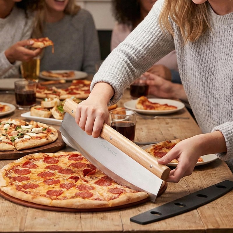 12 Inch Stainless Steel Pizza Cutter Rocker Blade, Rubberwood Handle
