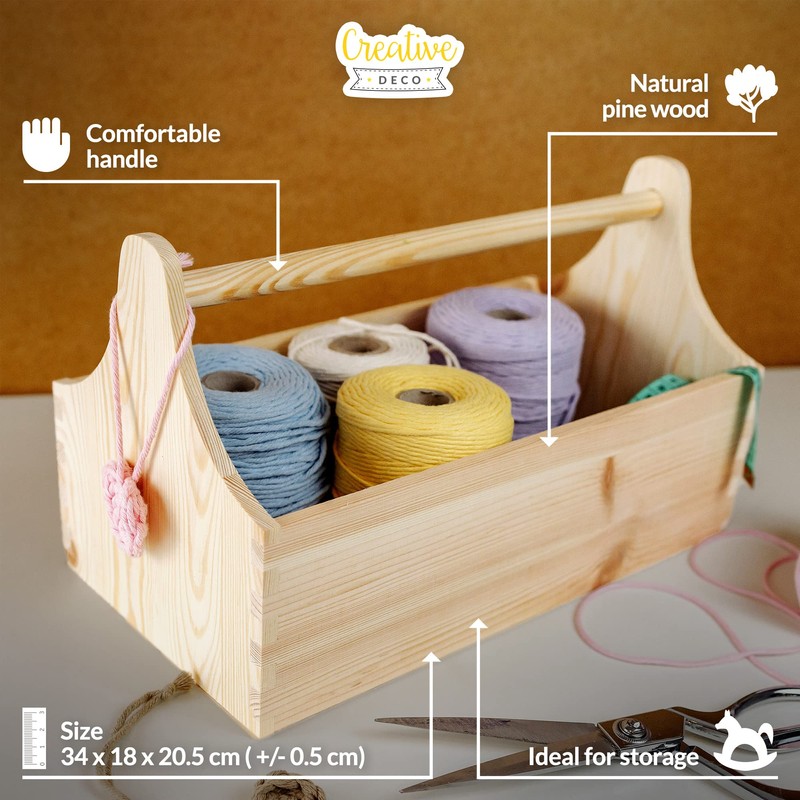 Creative Deco Unpainted Wooden Toolbox Storage Box with Handle |